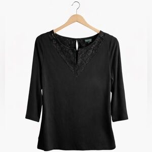 Lauren Ralph Lauren women’s XS black top with lace accents. Back button closure